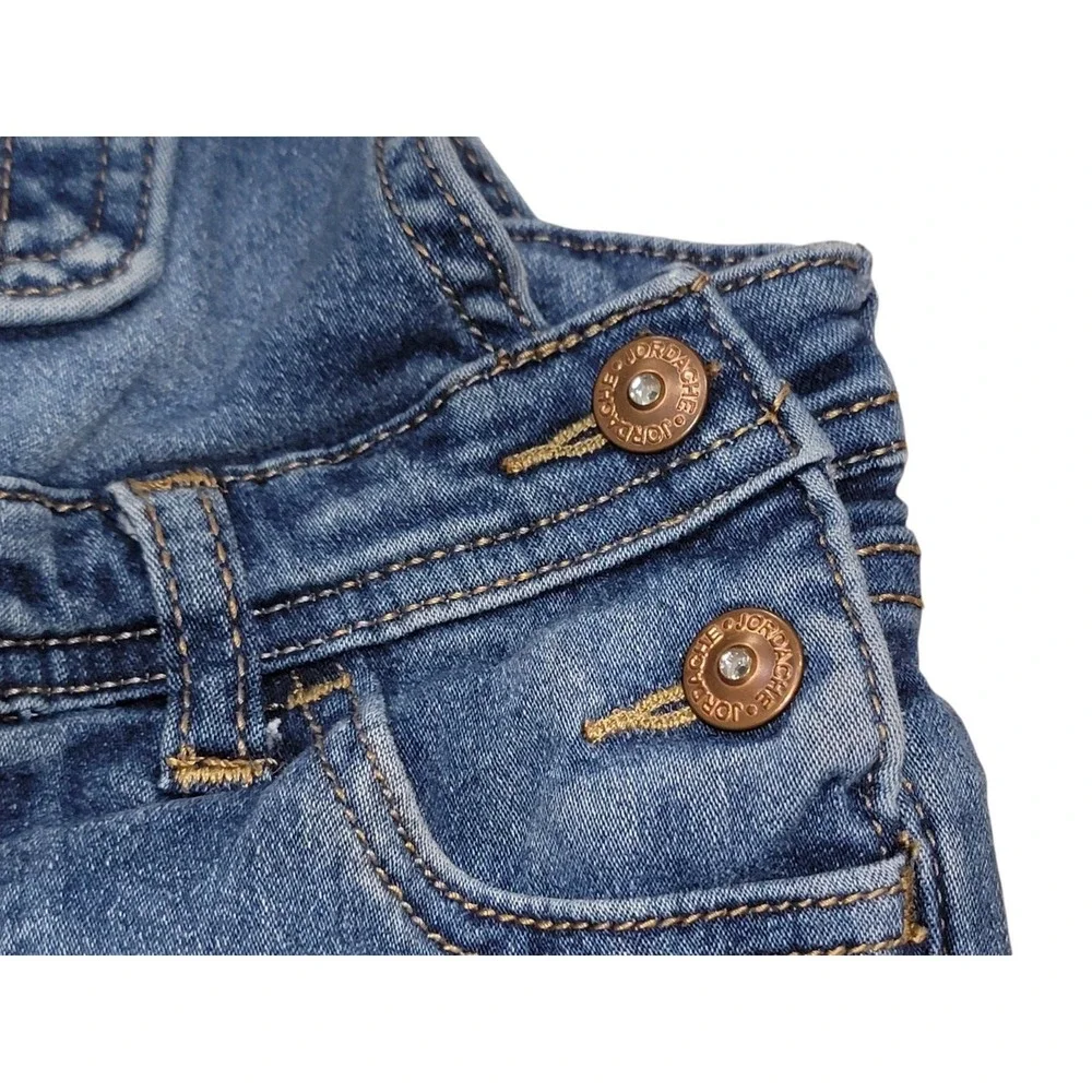 Jordache Girls 2T‎ Denim Bib Overalls Shorts Blue Jeans Rhinestone Buttons EUC